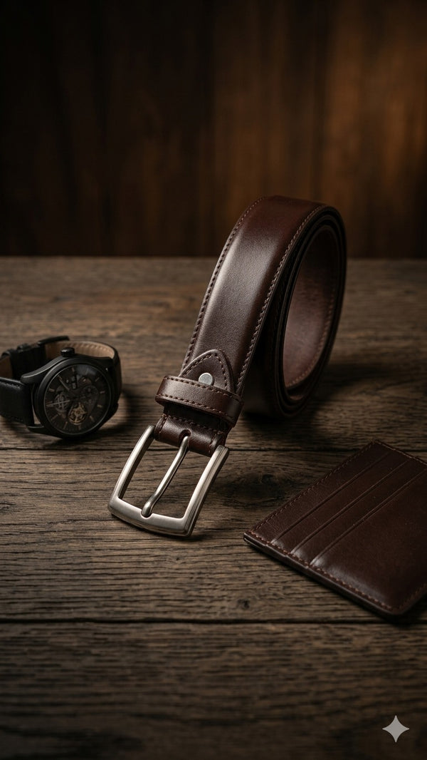 Classic Genuine Leather Belt for Men — Rich Brown, Antique Silver