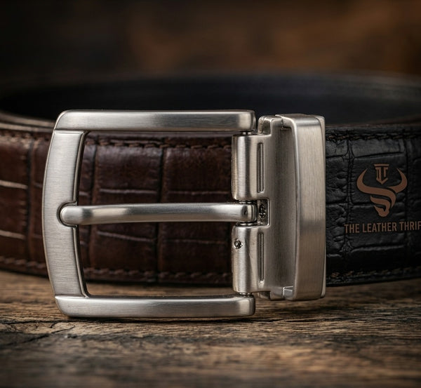 Reversible Croc-Embossed Leather Belt for Men — Brown & Black